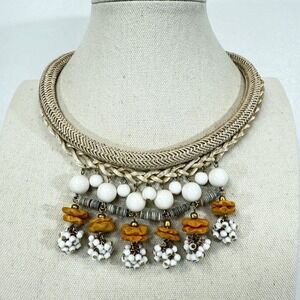 Loft Statement Necklace Gold Braided Cord White Orange Beaded Boho